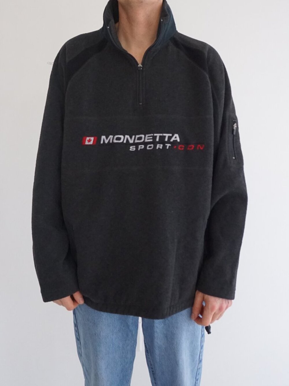 Mondetta Black Fleece Quarter Zip Canada Flag Logo Outdoor Pullover Sweater XL